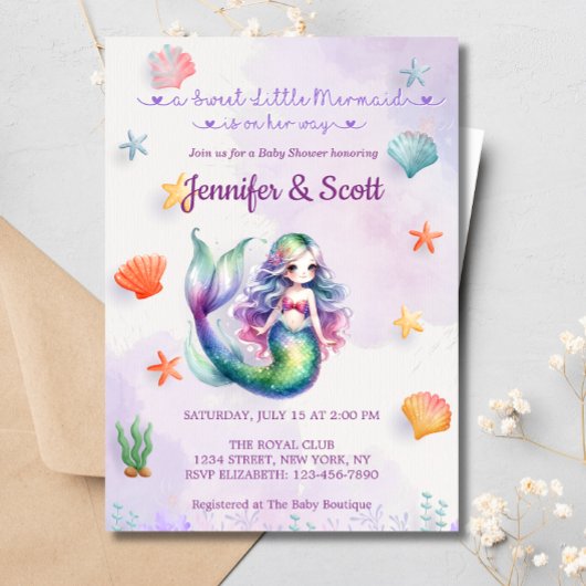 海の下で人魚の赤ちゃんシャワー女の子 招待状