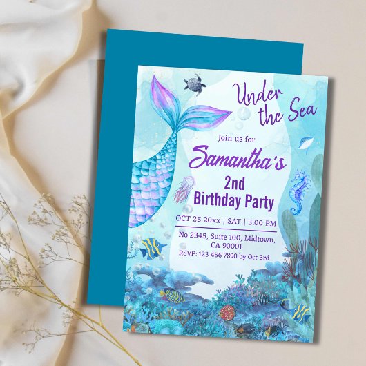 海の下で人魚の青と紫の2番目の誕生日 招待状