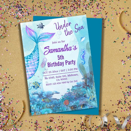 海の下で人魚の青と紫の5番目の誕生日 招待状