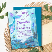 海の下で人魚の青と紫の7番目の誕生日 招待状