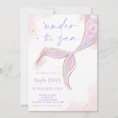 海の下で人魚パープルティール（緑がかった色）最初の誕生日 招待状 (正面)