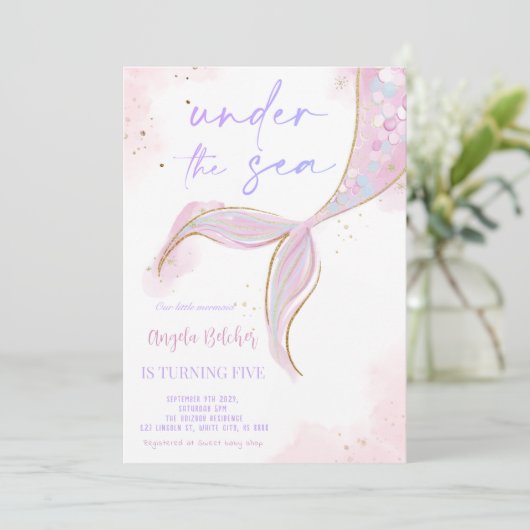海の下で人魚パープルティール（緑がかった色）最初の誕生日 招待状 (スタンド正面)