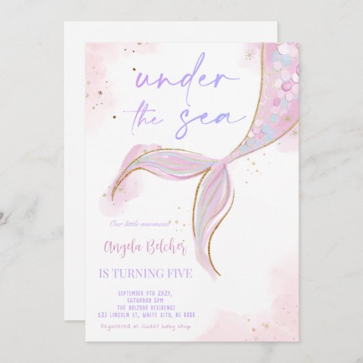 海の下で人魚パープルティール(緑がかった色)最初の誕生日 招待状 (正面/裏面)