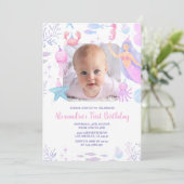 海の下で人魚1歳の誕生日の写真 招待状 (スタンド正面)