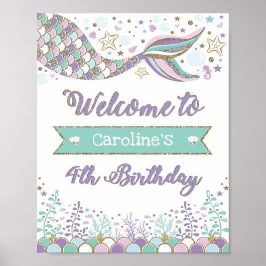 海の下で人魚4歳の誕生日ウェルカムサイン ポスター (正面)
