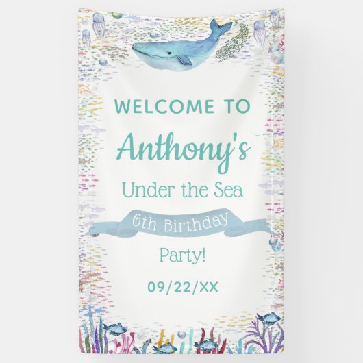 海の下で任意の年齢の誕生日パーティー歓迎 横断幕 (縦)
