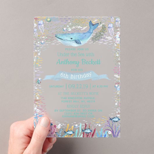 海の下で任意の年齢の誕生日 アクリル招待状 (インサイチュ (ポータブル))