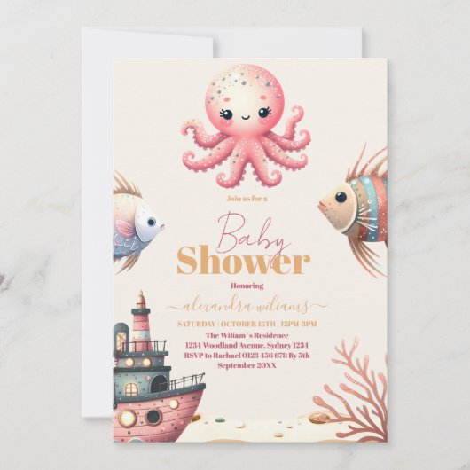 海の下で動物の海の赤ちゃんシャワー 招待状 (正面)