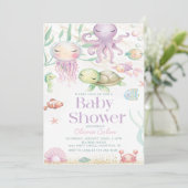 海の下で動物の紫の赤ちゃんシャワー 招待状 (スタンド正面)