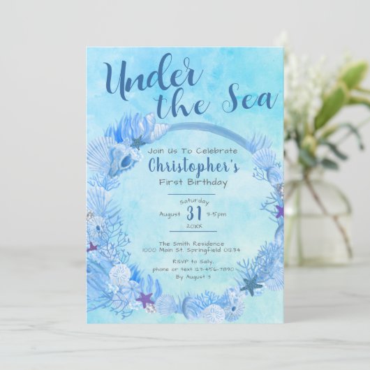 海の下で可愛いブルーボーイの最初の誕生日パーティー 招待状 (スタンド正面)