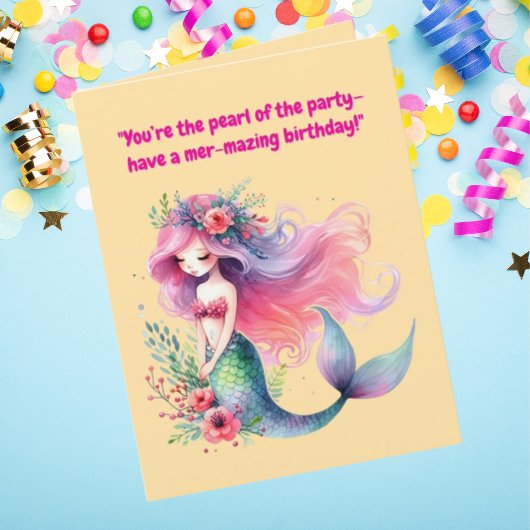 海の下で可愛い人魚の誕生日写真グリーティング カード