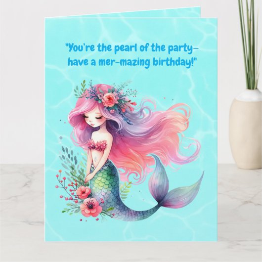 海の下で可愛い人魚の誕生日写真グリーティング カード (正面)