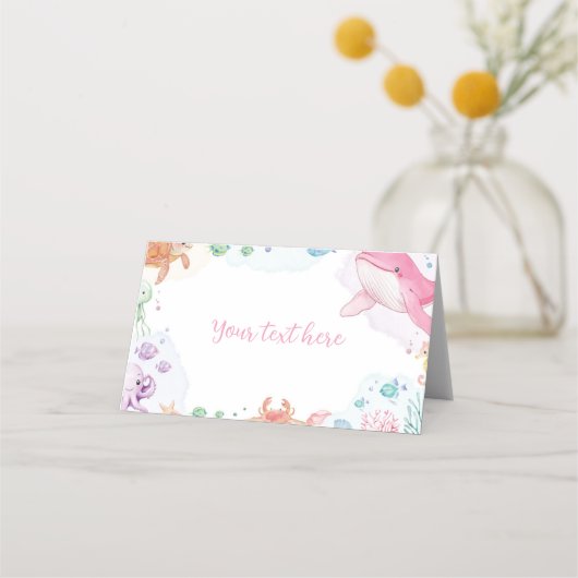 海の下で可愛い海動物食べ物テント プレイスカード (裏面)