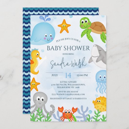 海の下で可愛い男の子の赤ちゃんシャワー 招待状 (正面/裏面)