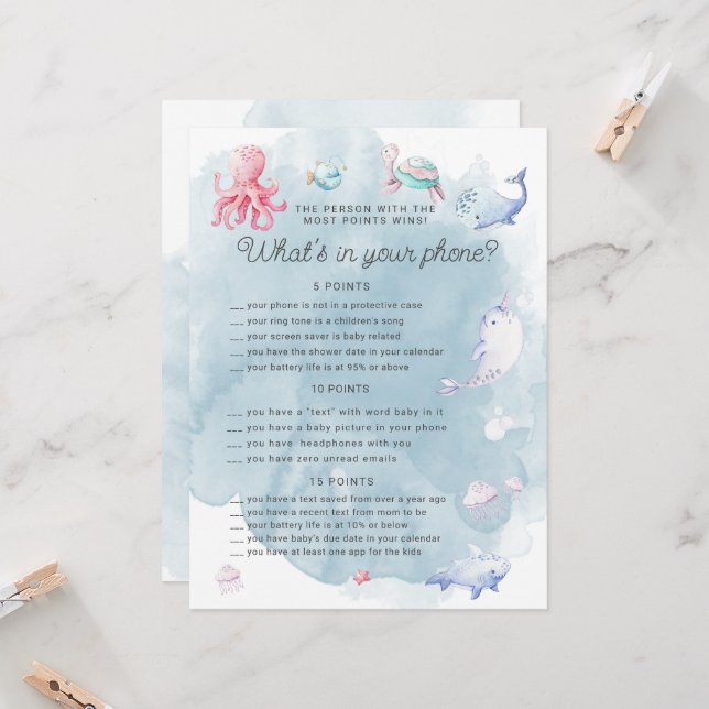 海の下で可愛い赤ちゃんシャワー電話ゲームカード (正面/裏面インサイチュ)