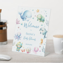 海の下で可愛い青い赤ちゃんシャワーへようこそ 台座サイン