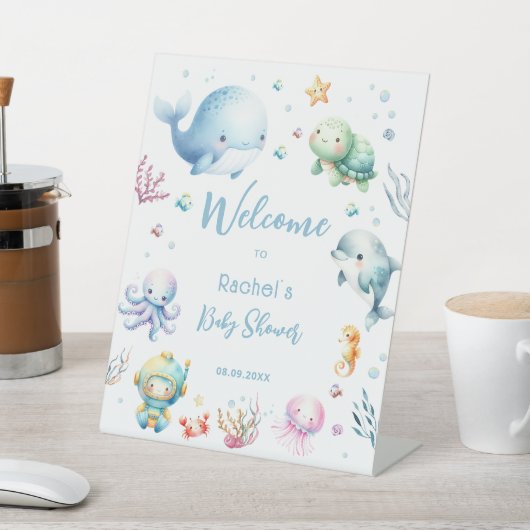 海の下で可愛い青い赤ちゃんシャワーへようこそ 台座サイン (インサイチュ)