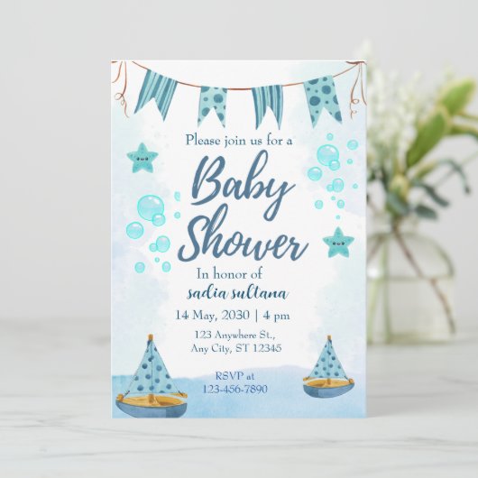 海の下で喜び：男の赤ちゃんパーソナライズされたシャワー 招待状 (スタンド正面)