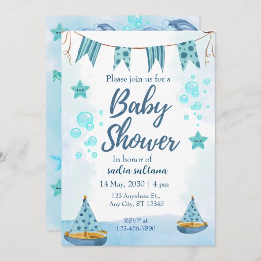 海の下で喜び：男の赤ちゃんパーソナライズされたシャワー 招待状 (正面/裏面)