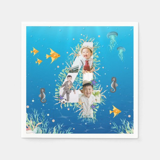 海の下で大きな4歳の誕生日の写真コラージュ スタンダードカクテルナプキン (正面)