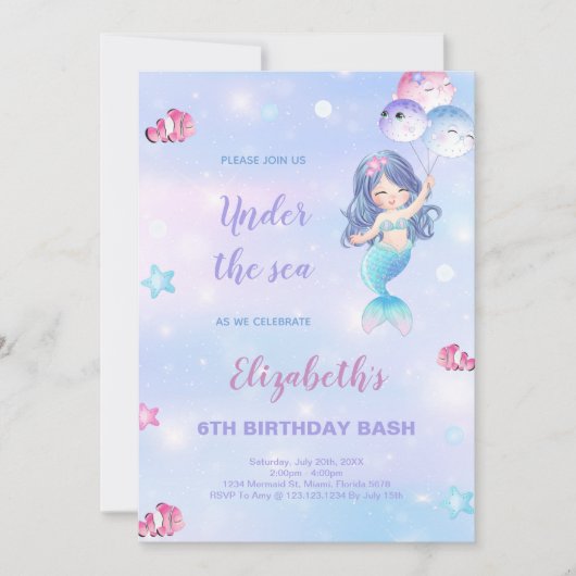 海の下で女の子のためのパーティーテールデザイン 招待状 (正面)
