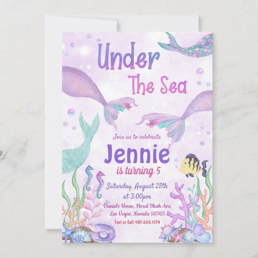 海の下で小さなパーティー人魚の誕生日パーティー 招待状 (正面)