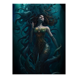 海の下で怖いサイレン人魚の生き物 ポスター