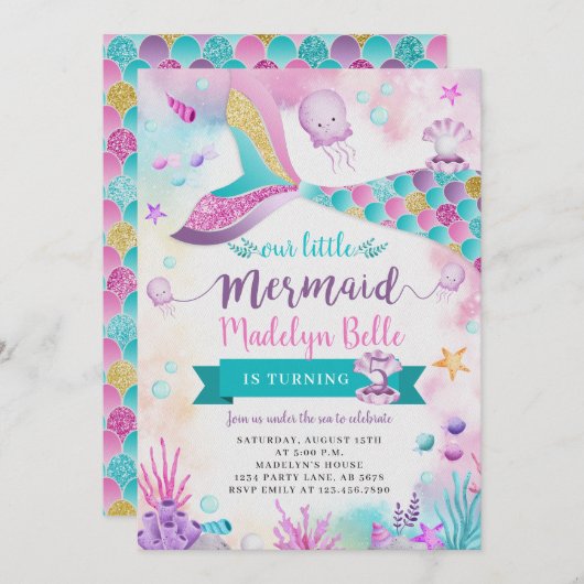 海の下で我々の小さな人魚の誕生日 招待状 (正面/裏面)