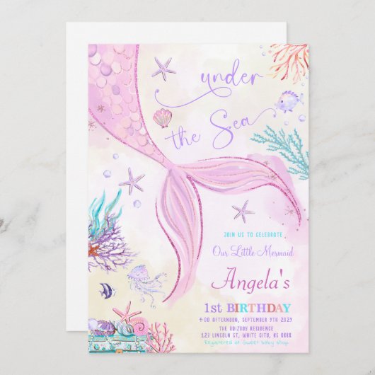 海の下で我々の小さな人魚の誕生日 招待状 (正面/裏面)