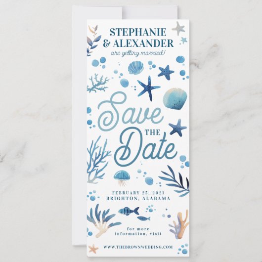 海の下で日付しおり写真を保存 招待状 (正面)