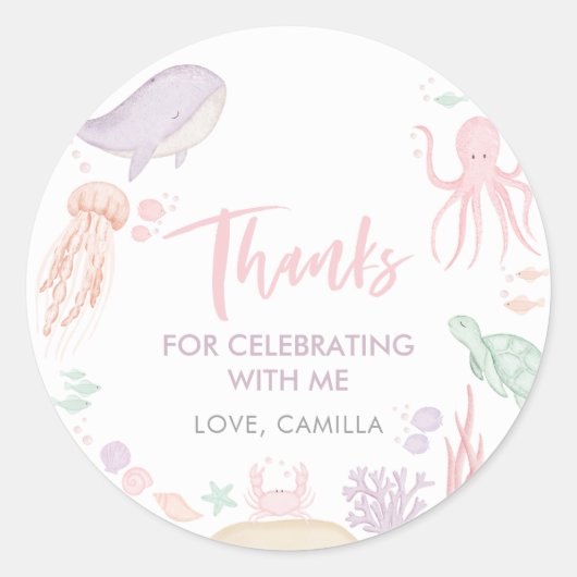 海の下で最初の誕生日ありがとう女の子 ラウンドシール (正面)
