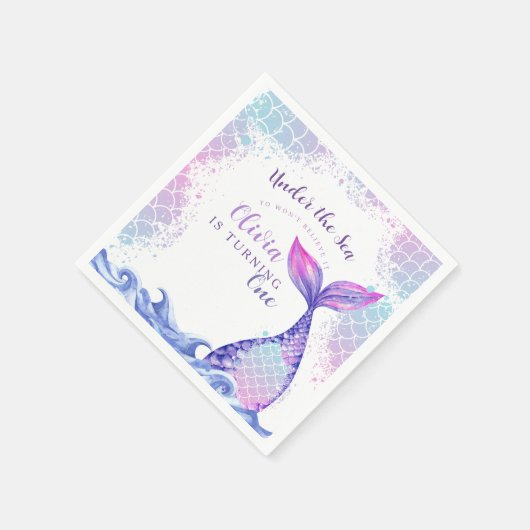 海の下で最初の誕生日パーティーかわいいピンクの青 スタンダードカクテルナプキン (角)