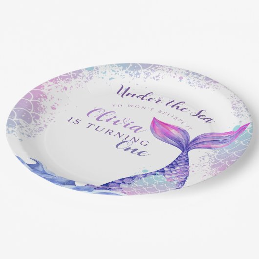 海の下で最初の誕生日パーティーかわいいピンクの青 ペーパープレート (アングル)