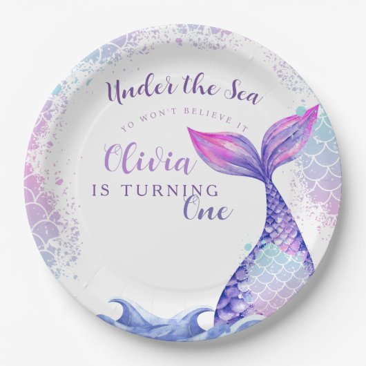 海の下で最初の誕生日パーティーかわいいピンクの青 ペーパープレート (正面)
