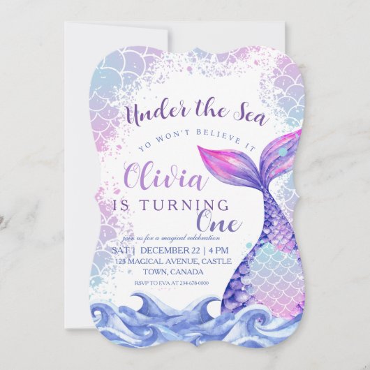 海の下で最初の誕生日パーティーかわいいピンクの青 招待状 (正面)