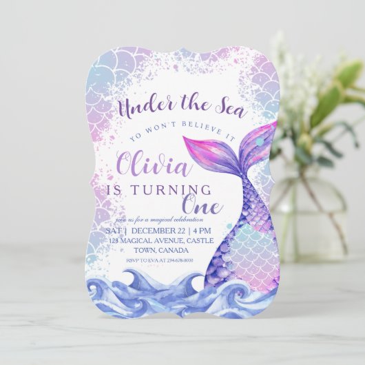 海の下で最初の誕生日パーティーかわいいピンクの青 招待状 (スタンド正面)