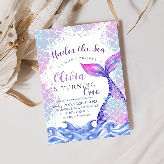海の下で最初の誕生日パーティーかわいいピンクの青 招待状