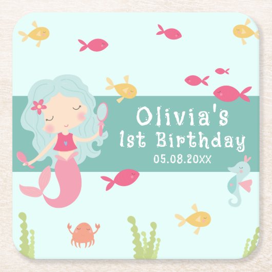 海の下で最初の誕生日人魚 スクエアペーパーコースター (正面)