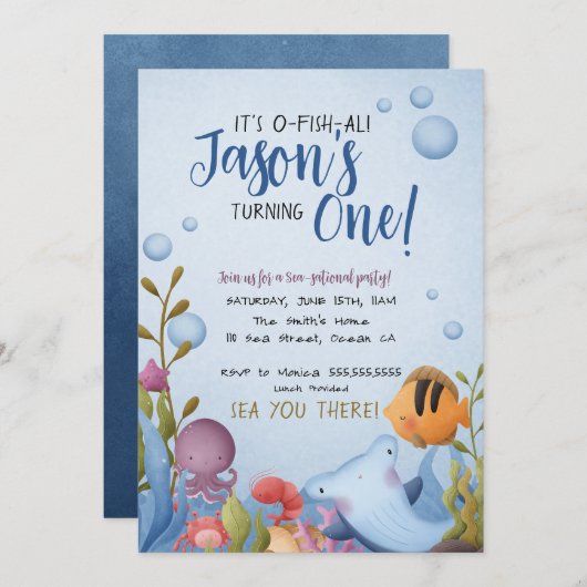 海の下で最初の誕生日招待状と写真 招待状 (正面/裏面)