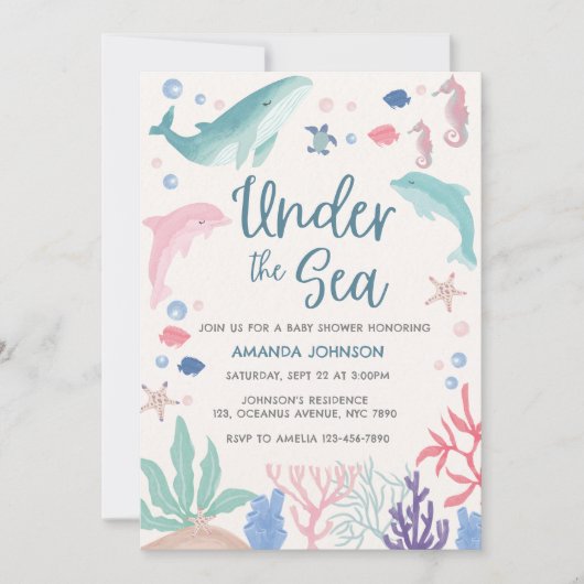 海の下で水色のクジラの女の子シャワー 招待状 (正面)