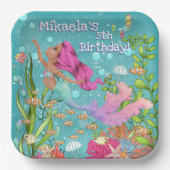 海の下で泳ぐピンクの髪の人魚誕生日 ペーパープレート (正面)