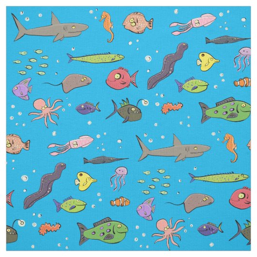 海の下で海おもしろい生活の魚の漫画の生地 ファブリック (見本)