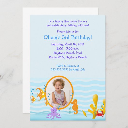 海の下で海のクリッター*写真*誕生日5 x 7 招待状 (正面/裏面)