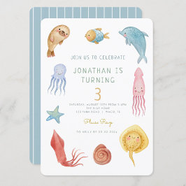 海の下で海動物かわいいタコ誕生日 招待状