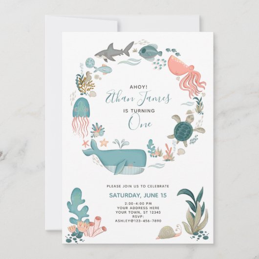 海の下で海動物の最初の誕生日スクリプト 招待状 (正面)