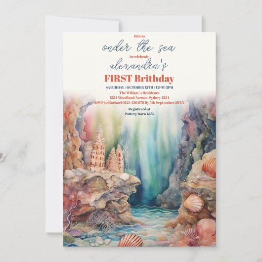 海の下で海動物の最初の誕生日 招待状 (正面)
