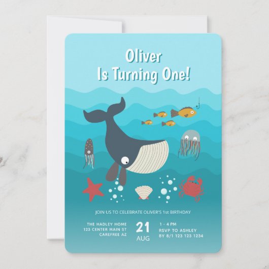 海の下で海動物の最初の誕生日 招待状 (正面)