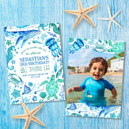 海の下で海動物の水色の写真 招待状