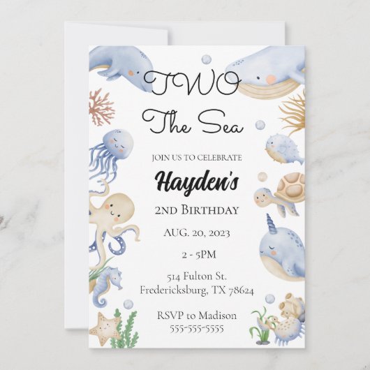 海の下で海動物の男の子の2番目の誕生日 招待状 (正面)