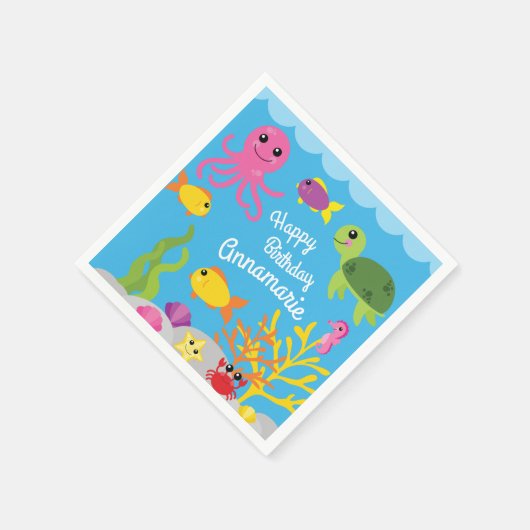 海の下で海動物の誕生日パーティナプキンス スタンダードカクテルナプキン (角)